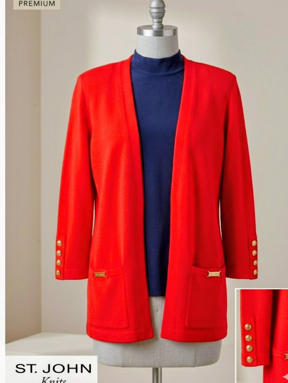 St. John Bright Orange Open-Front Knit Cardigan with Gold Accents